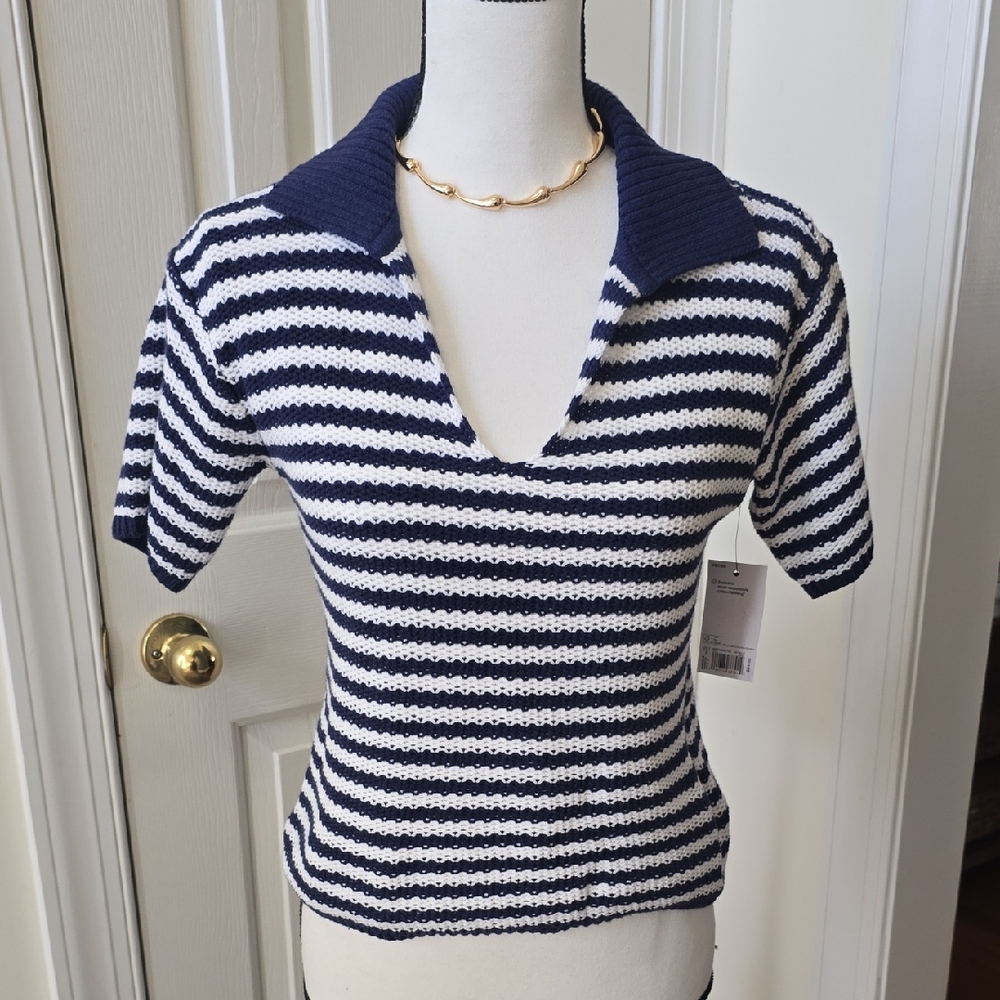 SONOMA BRAND WOMEN'S PETITE BLUE AND WHITE STRIPES SHORT SLEEVES SWEATER TOP PXS